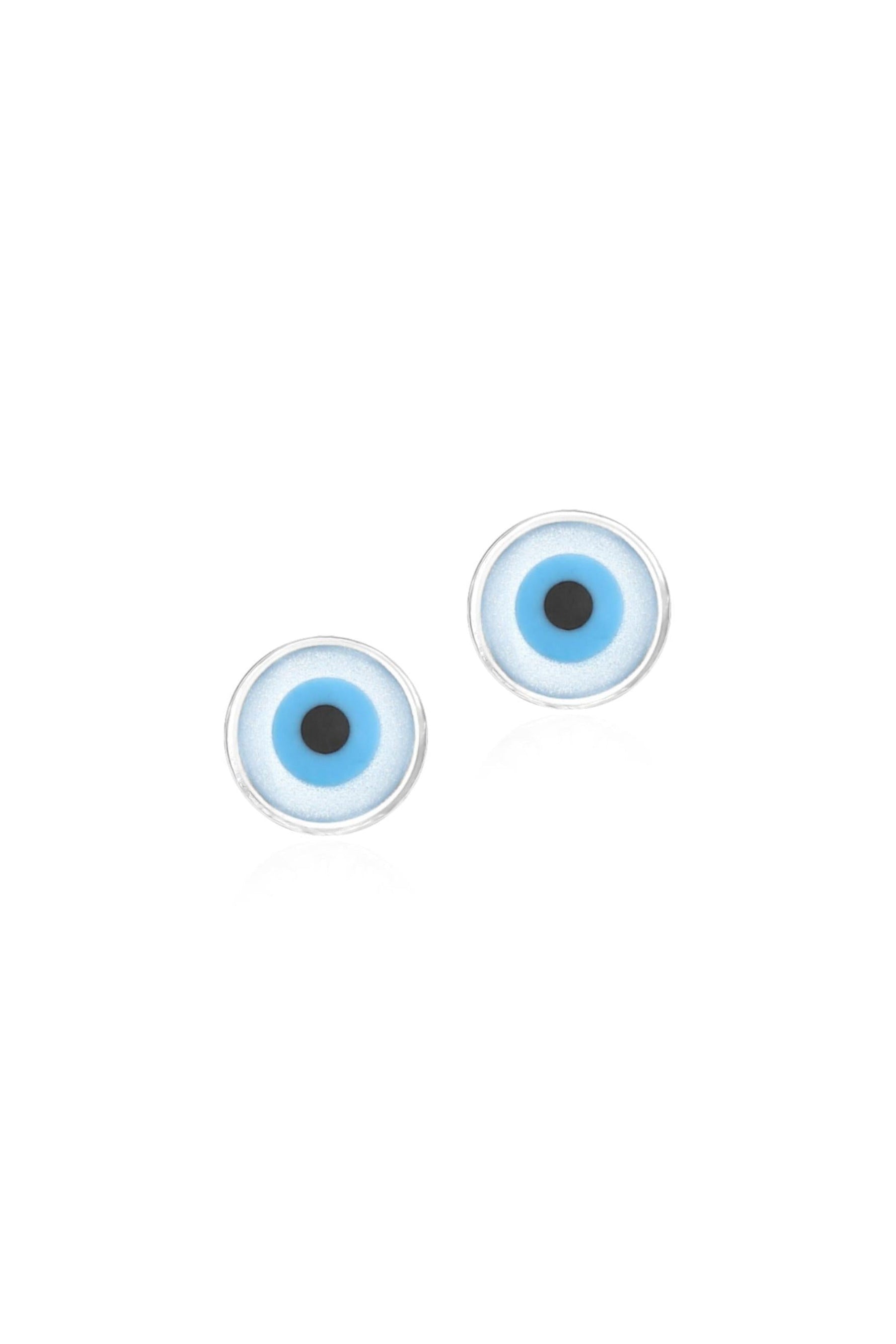 Evil eye charm disc stud earrings in sterling silver on a white background