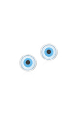Evil eye protection charm stud earrings in sterling silver on a white background