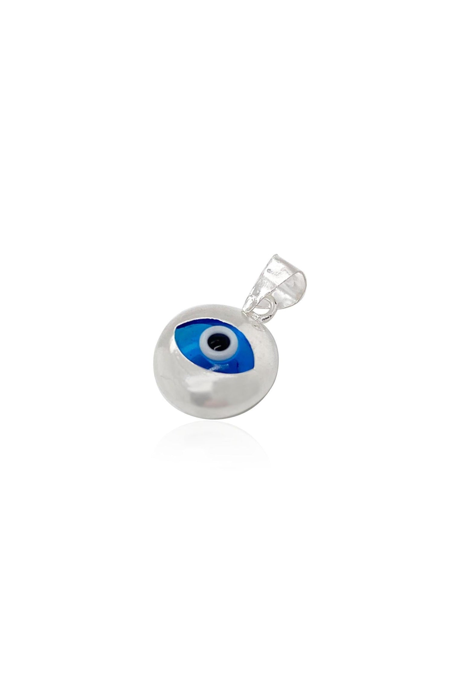 Sterling silver Greek protection evil eye charm pendant on a white background